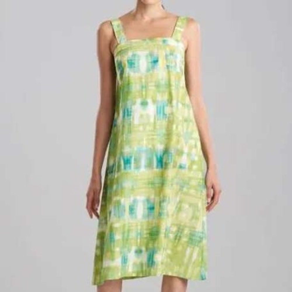 Natori Women Dress L Green Abstract Print Sleeveless Midi Pockets Tie Waist
